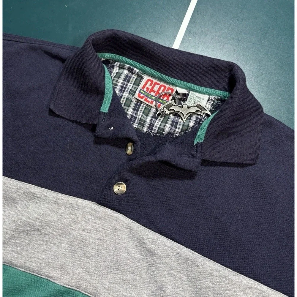 Vintage Rugby Sweater Men Large Striped Pullover 90s Retro Gray Navy Color Block